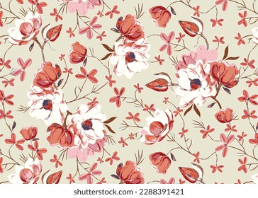 monochrome of solid abstract hibiscus flower motif with medium color, all over vector design with bright background illustration digital image for textile printing factory