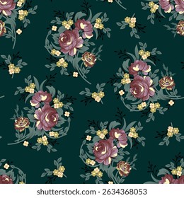monochrome a solid abstract roses and small flower with green leaves color, all over vector design with black background illustration digital image for textile or wrapping paper printing factor
