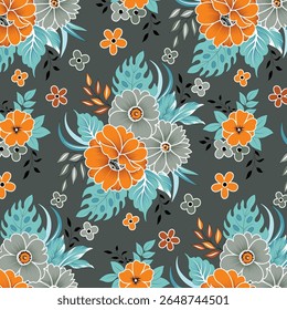 monochrome a solid abstract roses and small flower with green leaves color, all over vector design with black background illustration digital image for textile or wrapping paper printing factor