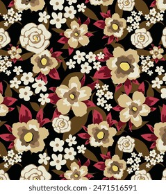 monochrome solid abstract simple rose and small flowers, all-over seamless pattern with brown and cream tone color illustration textile digital image printing factory