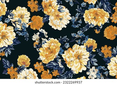 monochrome solid abstract small and big roses flower with blue tone leaves, all over vector design with dark green background illustration digital image for textile or wrapping paper printing factory