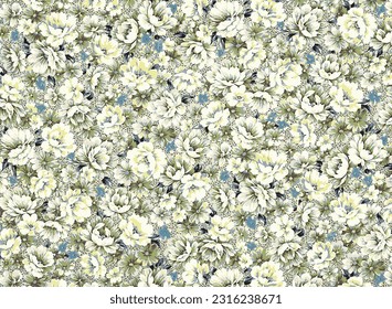 monochrome a solid abstract small roses flower arrangement with white and green tone, all over illustration digital image for textile or wrapping paper printing factory