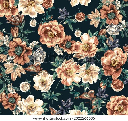monochrome solid abstract small roses and big hibiscus flower mixed with green tone leaves, vector illustration digital image for textile design or gift paper printing factory