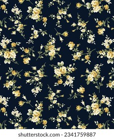 monochrome solid abstract tiny chrysanthemum and small roses flower arrangement motif with the dark blue background, all textile and wrapping paper print design vector illustration digital image print