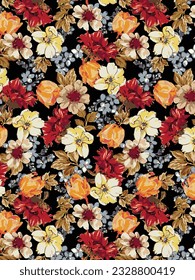 monochrome solid abstract variety of vector flower with dark tone background, full all over illustration digital image for textile or wrapping paper printing factory