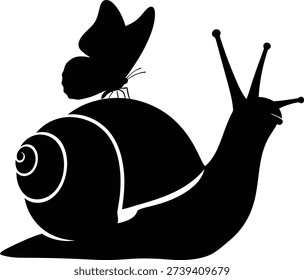 A monochrome solid black glyph icon featuring a snail with a butterfly perched on its shell The snail is presented in a flat front view composed within a 1 1 square layout on a white background The snails body extends horizontally curving slightly upward to meet the rounded spiral of its shell The shell is a compact coiled shape with visible concentric rings Two antennae extend upwards from the snails head each terminating in a rounded tip A butterfly with symmetrical wings rests atop the snails shell positioned centrally There is even padding around the icon The silhouette is clean with balanced negative space