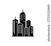 Monochrome solid black icon of city buildings or skyscrapers cluster