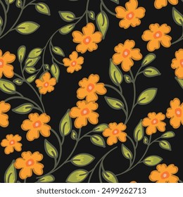 monochrome a solid small hibiscus flower with stalk leaves pattern, all over vector design with solid background illustration digital image for textile or wrapping paper printing factory