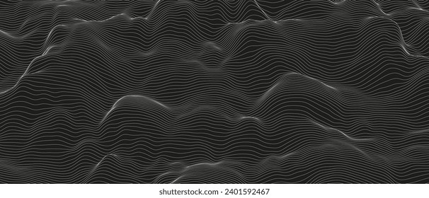 Fondo abstracto de ondas de línea de sonido monocromo. Formas de línea distorsionadas en un fondo negro.