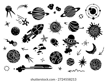 Monochrome space icon set. Black planets and spaceships silhouette design. Universe and galaxy logo. Stars and planets shapes for modern branding trend. Cute Doodle black hand drawn elements.
