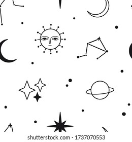 Monochrome Space Vector Seamless Pattern. Doodle outline sun, moon, stars, constellations. Cute black simple icons. Minimalist line art texture. Hand drawn vector background for textile, fabric, paper