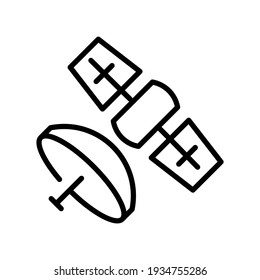 Monochrome spacecraft satellite with broadcasting gps antenna line icon vector illustration. Simple black flying spaceship with radar data connection isolated on white. Space station with solar panels