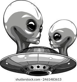 monochrome Spaceship UFO with alien grey head