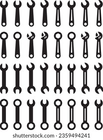 Monochrome spanner and hex wrench vector illustration set
