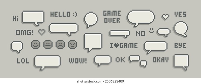 Monochrome speech bubble icons set with messenger chat dialogue text in 8-bit pixel retro video game. Empty pixel text bubble with space fore text. Chat signs and icons. Editable pixel vector design
