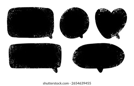 Monochrome speech bubbles feature hand drawn scuff and dirt splatter textures, isolated on a white background. They are ideal for graphic design or communication elements in various projects.