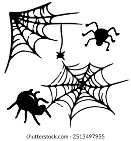 Monocromo Web de la araña, Web doodle araña icono establecido para Halloween. Colección de ilustración de contorno aislada sobre fondo blanco. Dibujado a mano lindos Elementos de Vector para la decoración.