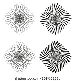 Monochrome spiral circles. Radial halftone pattern. Optical illusion art. Vector gray illustration.