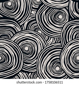 Monochrome spirals seamless pattern. Hand drawn curved lines background. Sketch circle. Decorative backdrop for fabric design, textile print, wrapping. Vector illustration