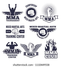 Monochrome Sport Labels For Mma Fighters. Vector Boxing Fight Emblem, Championship Logo Illustration