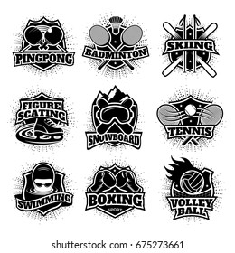 Monochrome sport logos set of different disciplines with various equipment isolated vector illustration