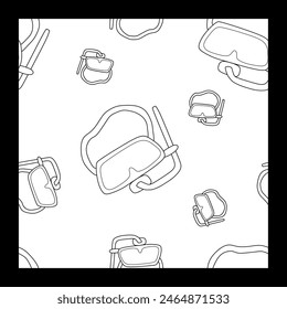 Monochrome Sport Snorkeling mask Seamless pattern. Diving Equipment Template, Black and White outline or Linear Style Vector Illustration, Background for Vacation Clothing, Textile, Wrapping.