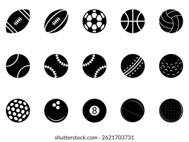 Monochrome Sports Ball Icon Set featuring various athletic balls including soccer, basketball, volleyball and tennis in minimalist black and white vector format for sports branding and applications
