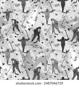 Monochrome sports endless background. White, gray, black. Hockey players. Vector illustration.  