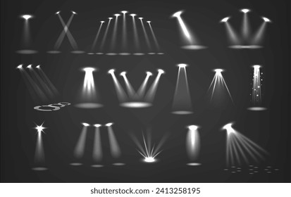 Monochrome Spotlight Beams Set. Concentrated, Intense Rays Of Light Illumination Create A Focused, Dramatic Effect