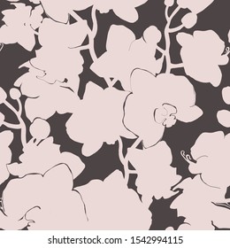 Monochrome spotted floral seamless pattern with silhouettes of light tropical flowers orchids on dark background. Hand drawn style print. For home textile, wallpaper, interior fabric, bedclothes.