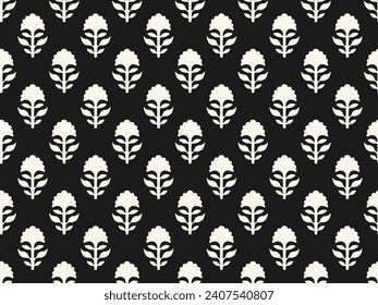 MONOCHROME SPRIG FLORAL AJRAKH PATTERN AND BLOCK PRINT PATTERN BATIK PRINT BACKGROUND DIGITAL PRINTING TEXTILE PATTERN