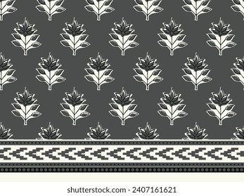 MONOCHROME SPRIG FLORAL WITH BORDER AJRAKH PATTERN AND BLOCK PRINT PATTERN BATIK PRINT BACKGROUND DIGITAL PRINTING TEXTILE PATTERN