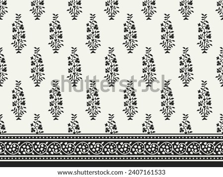 MONOCHROME SPRIG FLORAL WITH BORDER AJRAKH PATTERN AND BLOCK PRINT PATTERN BATIK PRINT BACKGROUND DIGITAL PRINTING TEXTILE PATTERN