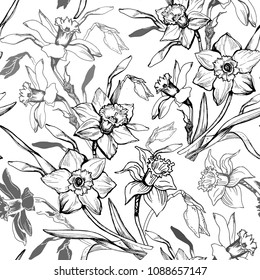 Monochrome spring botanical seamless pattern with hand drawn flowers daffodils, narcissus. Elegant floral elements on white background. For wallpaper, fabrics, textile design. Vector Illustration