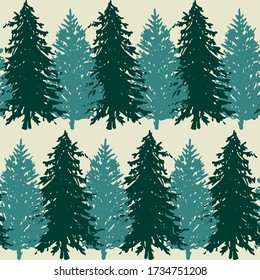 Monochrome spruce fir tree silhouette sketched line art seamless pattern background vector