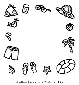 Monochrome square banner illustration of summer icons