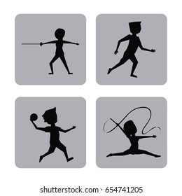 monochrome square buttons set of female and male silhouette athletes of variety sports