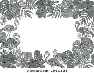 monochrome square frame adorned with pink flamingo and tropical palm leaves and flowers