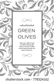 Monochrome square frame composition with words about extra virgin, olive oil and natural product in the center hand drawn sketch vector illustration