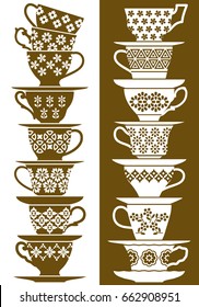 Monochrome stacks of cups and saucers with different decorations and shapes