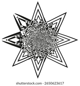 Ícone de estrela monocromática. Vetor de intermitência fractal. Ilusão óptica geométrica. Padrão angular complexo.