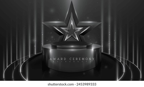 Monochrome Star Trophy on a Podium with Stage Lights, Luxury Black Background, Elegant Award Ceremony Scene. Vector Illustration.