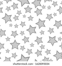 Monochrome starry seamless pattern with gray stars on white background. Vector illustration