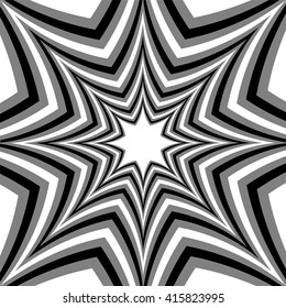 Monochrome Stars Expanding from the Center. Optical Effect of Depth and Volume.Polygonal Geometric Abstract Background. Suitable for textile, fabric, packaging and web design. Vector Illustration.