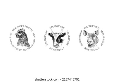 Monochrome steak house and butchery labels and emblems. Meat store badge. Vector illustration