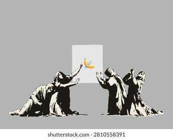 A monochrome stencil-style vector illustration depicts a group of women prostrate on the ground in deep despair, offering prayers while enduring immense suffering. Yet, rather than directing their desperate devotion toward a holy figure or divine presence, it is focused on something striking: a banana taped to the wall—a critique of the contemporary art world.