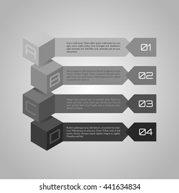 Monochrome step by step vector Illustration. Business infographic design on simple background with numbers and text for diagram, chart, web. Modern info design for presentation.  Team work template. 
