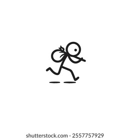 A monochrome stick figure character depicted in motion, carrying a sack over their shoulder, symbolizing concepts of escape and journey. Simplistic and dynamic illustration featuring minimalistic visu