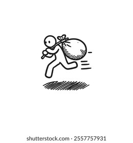 A monochrome stick figure character depicted in motion, carrying a sack over their shoulder, symbolizing concepts of escape and journey. Simplistic and dynamic illustration featuring minimalistic visu