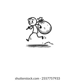 A monochrome stick figure character depicted in motion, carrying a sack over their shoulder, symbolizing concepts of escape and journey. Simplistic and dynamic illustration featuring minimalistic visu